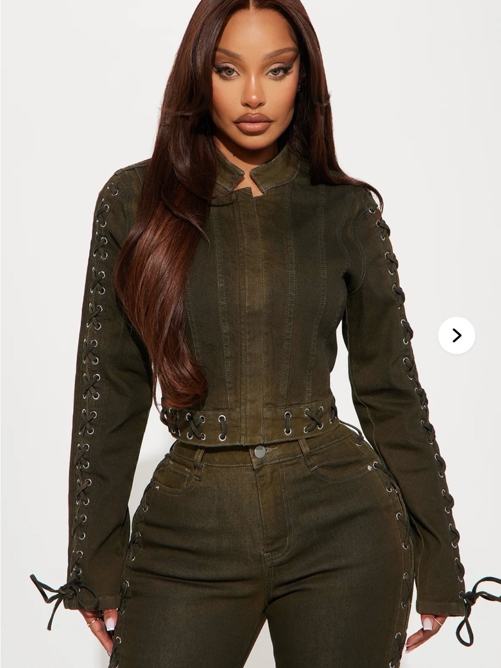 Fashion Nova Olive Lace-Up Cropped Jean Jacket